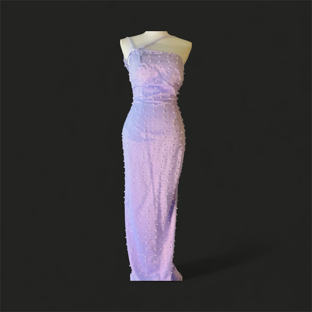 Violet size5/6 Strappy One Shoulder Pearl Rhinestone Embellished Gown Lilac NWT - Picture 7 of 12